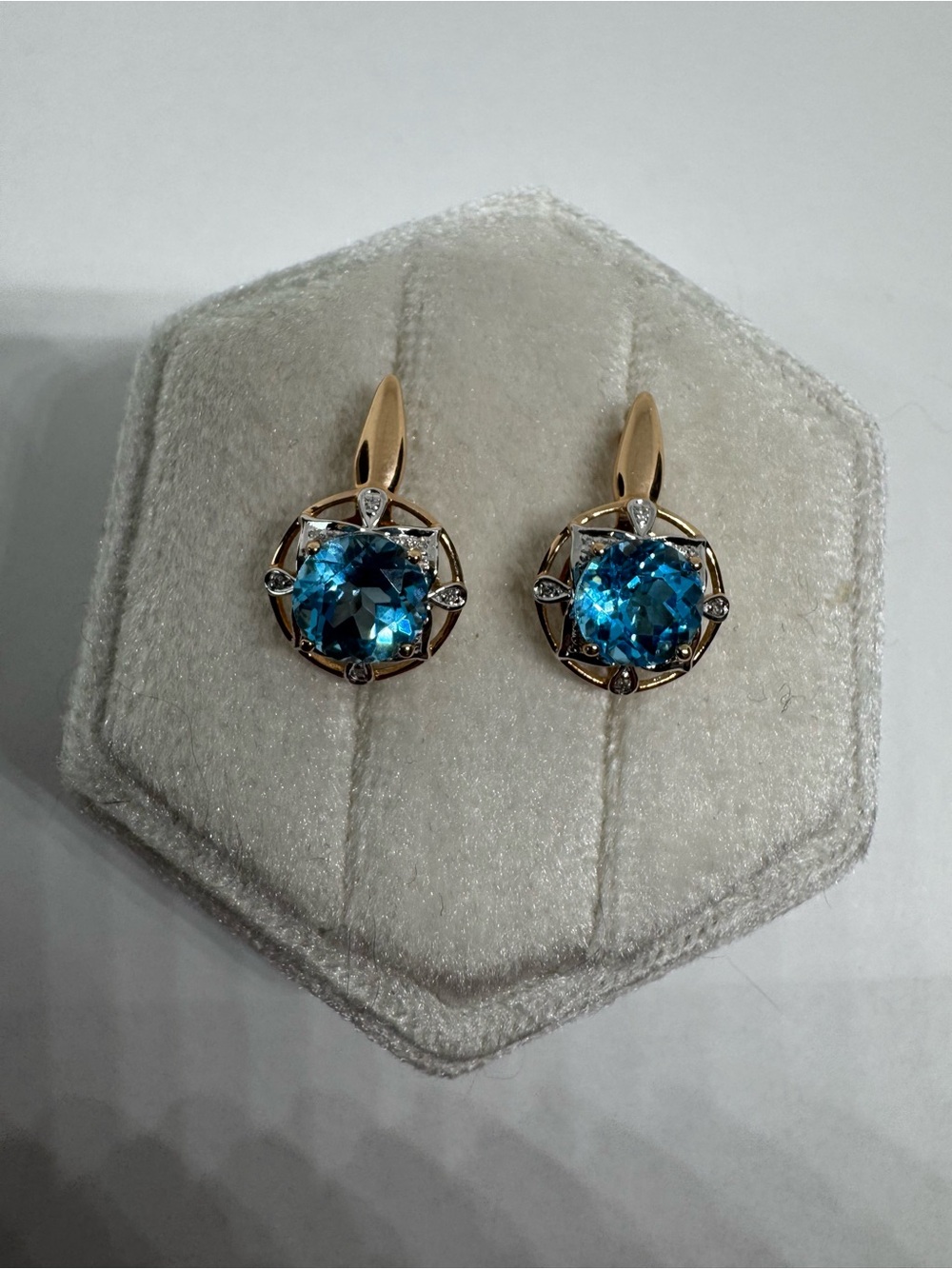 14K 585 Rose Gold Blue Topaz & Diamond Earrings - Picture 14 of 16